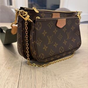 Louis Vuitton Monogram Crossbody Bag with Gold Hardware and Army Green Strap.